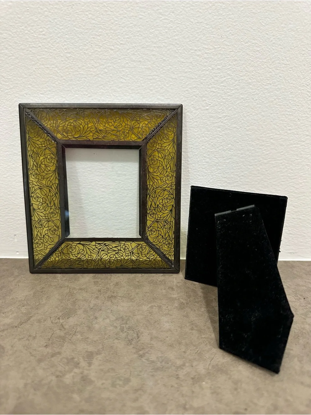 Vintage Studio Yellow Stained Glass Picture Frame Etched Metal Roses Metal Trim